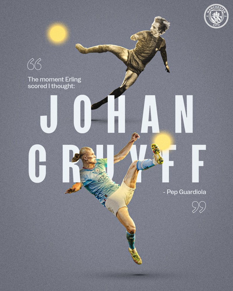 飞翔的“魔人布欧”!曼城官方晒哈兰德和克鲁伊夫踹射海报