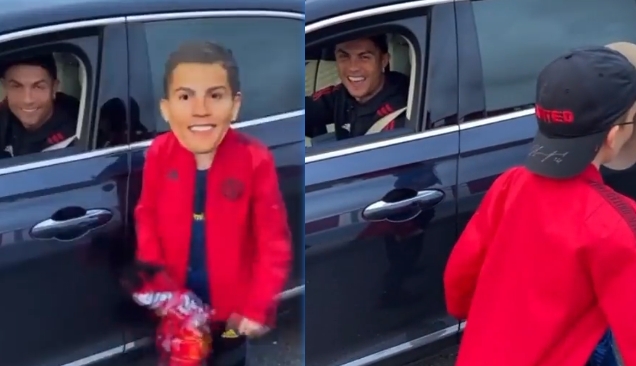 666?小球迷头戴C罗面具,在C罗面前做出标志siu庆祝引C罗大笑