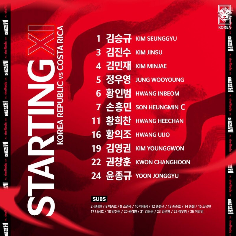 热身赛-韩国vs哥斯达黎加首发：孙兴慜、黄义助、黄喜灿先发