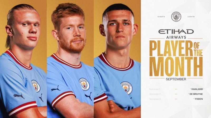 曼城9月最佳候选:哈兰德、德布劳内、福登入选