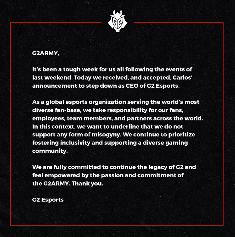 G2官方：Carlos正式宣布卸任CEO一职