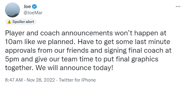 T1 CEO:韩国时间下午五点签最后一名教练 今天会官宣大名单