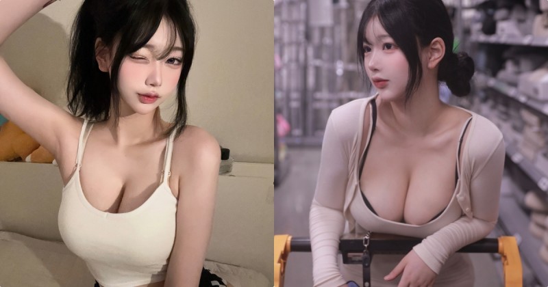 逛賣場遇到「超大車頭燈正妹」，「2顆渾圓乳球」佔滿畫面了！